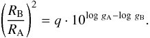 $$ \left(\frac{R_{\rm B}}{R_{\rm A}}\right)^2=q\cdot 10^{\log\, g_{\rm A}-\log\, g_{\rm B}}. $$