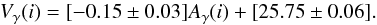 \begin{eqnarray*} V_\gamma(i)= [ -0.15\pm 0.03] A_\gamma(i) + [25.75\pm 0.06]. \end{eqnarray*}