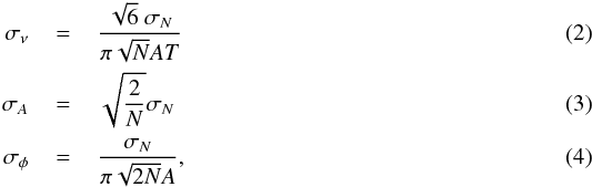 \begin{eqnarray} \label{eq:UNCORRnoise1} \sigma_{\nu}\, &=&\, \frac{\sqrt{6}~ \sigma_N}{\pi \sqrt{N} A T} \\ \label{eq:UNCORRnoise2} \sigma_{A}\, &=&\, \sqrt{\frac{2}{N}}\sigma_N \\ \label{eq:UNCORRnoise3} \sigma_{\phi} \, &=& \, \frac{\sigma_N}{\pi \sqrt{2N}A} , \end{eqnarray}