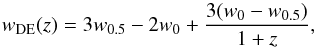 \begin{equation} \label{eq:w_c} w_{\rm{DE}}(z) = 3w_{0.5}-2w_0 + \frac{3(w_0 - w_{0.5})}{1+z}, \end{equation}