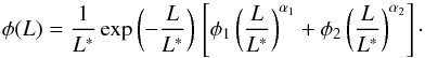 $$ \phi(L)=\frac{1}{L^*} \exp \left(-\frac{L}{L^*}\right) \, \left[ \phi_1 \left(\frac{ L}{ L^*} \right)^{\alpha_1} + \phi_2 \left(\frac{ L}{ L^*} \right)^{\alpha_2} \right]\cdot $$