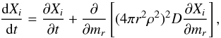 \begin{equation} \frac{{\rm d}X_i}{{\rm d}t}= \frac{\partial X_i}{\partial t} + \frac{\partial}{\partial m_r}\left[(4\pi r^2\rho^2)^2 D\frac{\partial X_i}{\partial m_r}\right], \end{equation}