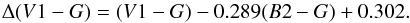 \begin{equation} \Delta (V1-G) = (V1-G)-0.289(B2-G)+0.302. \end{equation}