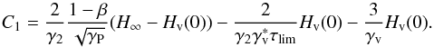 \begin{equation} C_{\rm1}=\frac{2}{\Gb}\frac{1-\beta}{\sqrt{\Gp}}(H_{\infty}-\Hv(0))-\frac{2}{\Gb\Gv^{*}\taulim}\Hv(0)-\frac{3}{\Gv}\Hv(0). \end{equation}