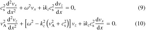 \begin{eqnarray} &&c^2_{\mathrm{s}} \frac{{\rm{d}}^2 v_{x}}{{\rm{d}}x^2 }+ \omega^2 v_x + {\rm{i}}k_z c^2_{\mathrm{s}} \frac{{\rm{d}}v_{z}}{{{\rm{d}}x}} = 0, \label{coupled1} \\ && v^2_{\mathrm{A}}\frac{{\rm{d}}^2 v_{z}}{{\rm{d}}x^2} + \left[\omega^2 - k^2_z \left(v^2_{\mathrm{A}} + c^2_{\mathrm{s}}\right)\right] v_{z} + {\rm{i}}k_z c^2_{\mathrm{s}}\frac{{\rm{d}} v_{x}}{{\rm{d}}x}= 0. \label{coupled2} \end{eqnarray}