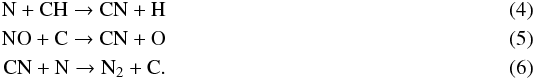 \begin{eqnarray} \label{r:rn-ch} \rm {N + CH}\rightarrow{CN + H}\\ \label{r:rno-c} \rm {NO + C}\rightarrow{CN + O}\\ \label{r:rcn-n} \rm {CN + N}\rightarrow{N_2 + C}. \end{eqnarray}