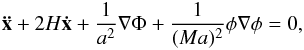 \begin{eqnarray} \vek{\ddot x} + 2 H\vek{\dot x} + \frac{1}{a^2}\nabla\Phi + \frac{1}{(M a)^2}\phi\nabla\phi = 0, \label{eq:geodesic_symmetron} \end{eqnarray}