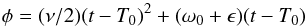 \begin{equation} \label{eq_YORP2} \phi = (\nu/2)(t - T_0)^2 + (\omega_0 + \epsilon)(t - T_0) \end{equation}