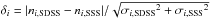 Mathematical equation: \hbox{$\delta_i=|n_{i,{\rm SDSS}}-n_{i,{\rm SSS}}|/\sqrt{{\sigma_{i, {\rm SDSS}}}^2+{\sigma_{i,{\rm SSS}}}^2}$}