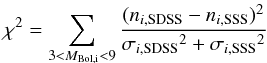 Mathematical equation: \begin{equation} \chi^2=\sum_{3<M_{\rm Bol, i}<9} \frac{(n_{i,{\rm SDSS}}-n_{i,{\rm SSS}})^2} {{\sigma_{i,{\rm SDSS}}}^2+{\sigma_{i,{\rm SSS}}}^2} \end{equation}