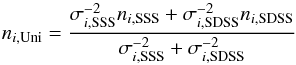 Mathematical equation: \begin{equation} n_{i,{\rm Uni}}=\frac{\sigma_{i,{\rm SSS}}^{-2}n_{i,{\rm SSS}}+\sigma_{i,{\rm SDSS}}^{-2}n_{i, {\rm SDSS}}} {\sigma_{i,{\rm SSS}}^{-2}+\sigma_{i,{\rm SDSS}}^{-2}} \label{eq:mean} \end{equation}