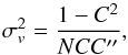 \begin{equation} \sigma_v^2 = \frac{1-C^2}{NCC^{\prime\prime}} , \label{eq:sigcc} \end{equation}