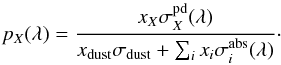 \begin{equation} \label{eq:absorption fraction} p_{X}(\lambda) = \frac{x_{X}\sigma^\mathrm{pd}_{X}(\lambda)}{x_\mathrm{dust}\sigma_\mathrm{dust} + \sum_i x_i\sigma^\mathrm{abs}_i(\lambda)}\cdot \end{equation}