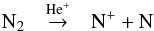 \begin{equation} \label{eq:destruction N2 He+} \rm N_2 \quad{\mathop{\rightarrow}\limits^{He^{+}}}\quad N^{+} + N \end{equation}