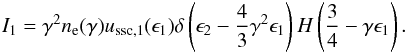 \begin{eqnarray} I_1 = \gamma^2 \nel(\gamma) u_{\rm ssc,1}(\epsilon_1) \delta\left(\epsilon_2 - \frac{4}{3} \gamma^2 \epsilon_1\right) H\left(\frac{3}{4}-\gamma \epsilon_1\right). \end{eqnarray}