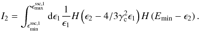 \begin{eqnarray} I_2 = \int_{\emnf}^{\emxf} {\rm d}\epsilon_1 \frac{1}{\epsilon_1} H\left(\epsilon_2 - 4/3\gc^2 \epsilon_1\right)H\left(E_{\min}-\epsilon_2\right). \label{jsec} \end{eqnarray}
