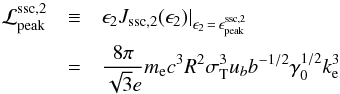 \begin{eqnarray} \lsscs & \equiv & \epsilon_2 J_{\rm ssc,2}(\epsilon_2)|_{\epsilon_2\,=\,\epsec} \\ \nonumber &= & \frac{8\pi}{\sqrt{3} e} \me c^3 R^2 \sth^3 \ub b^{-1/2} \gamma_0^{1/2} k_{\rm e}^3 \end{eqnarray}