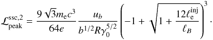 \begin{eqnarray} \lsscs =\frac{9 \sqrt{3}\me c^3 }{64 e}\frac{\ub}{b^{1/2}R \gamma_0^{5/2}}\left(-1+\sqrt{1+\frac{12 \linj}{\lb}}\right)^3\cdot \label{peak2} \end{eqnarray}