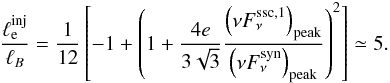 \begin{eqnarray} \frac{\linj}{\lb} = \frac{1}{12} \left[-1+\left(1+\frac{4e}{3\sqrt{3}}\frac{\left (\nu F_{\rm \nu}^{\rm ssc,1}\right)_{\rm peak} } {\left(\nu F_{\rm \nu}^{\rm syn}\right)_{\rm peak}} \right)^2 \right] \simeq 5. \label{lelb} \end{eqnarray}