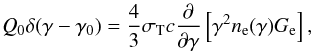 \begin{eqnarray} \label{kinetic2} Q_0 \delta(\gamma-\gamma_0) = \frac{4}{3} \sth c \frac{\partial}{\partial \gamma} \left[\gamma^2 \nel(\gamma) G_{\rm e} \right], \end{eqnarray}