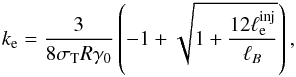 \begin{eqnarray} k_{\rm e} = \frac{3}{8 \sth R \gamma_0} \left(-1+\sqrt{1+\frac{12 \linj}{\lb}}\right), \label{kele} \end{eqnarray}