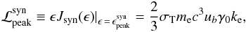 \begin{eqnarray} \lsyn \equiv \epsilon J_{\rm syn}(\epsilon)|_{\epsilon\,=\,\ep} = \frac{2}{3}\sth \me c^3 \ub \gamma_0 k_{\rm e}, \end{eqnarray}