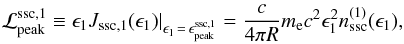 \begin{eqnarray} \label{l1} \lsscf \equiv \epsilon_1 J_{\rm ssc,1}(\epsilon_1)|_{\epsilon_1\, =\, \epssc} = \frac{c}{4\pi R} m_{\rm e}c^2\epsilon_1^2\nssc(\epsilon_1), \end{eqnarray}