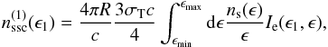\begin{eqnarray} \nssc(\epsilon_1) = \frac{4 \pi R}{c} \frac{3 \sth c}{4} \int_{\emin}^{\emax} {\rm d}\epsilon \frac{\ns(\epsilon)}{\epsilon} I_{\rm e}(\epsilon_1,\epsilon) , \label{nssc1} \end{eqnarray}
