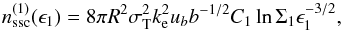\begin{eqnarray} \nssc(\epsilon_1)= 8 \pi R^2 \sth^2 k_{\rm e}^2 u_b b^{-1/2} C_1 \ln \Sigma_1 \epsilon_1^{-3/2}, \label{nssc1_final} \end{eqnarray}