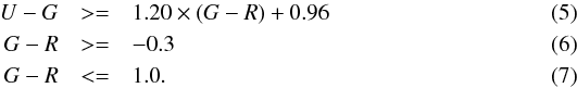 \begin{eqnarray} U - G &>=& 1.20\times(G-R)+0.96 \\ G - R &>=& -0.3 \\ G - R &<=& 1.0. \end{eqnarray}