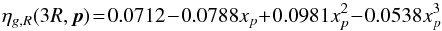 \begin{equation} \eta_{g,R}(3R,{\vec p})\!=\!0.0712\!-\!0.0788 x_p\!+\!0.0981 x^2_p\!-\!0.0538x^3_p \label{appeta} \end{equation}