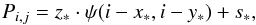 \begin{eqnarray*} P_{i,j}=z_{\ast}\cdot \psi(i-x_{\ast},i-y_{\ast})+s_{\ast}, \end{eqnarray*}