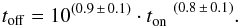 \begin{equation} t_{\rm off} = 10^{(0.9\,\pm\,0.1)} \cdot t_{\rm on}^{\quad(0.8\,\pm\,0.1)}. \label{eqn:ton_toff} \end{equation}
