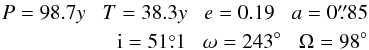 \begin{eqnarray} P=98.7y \;\;\; T = 38.3y \;\;\; e = 0.19 \;\;\; a = 0\farcs85 \nonumber \\ {\rm i} = 51\fdg1 \;\;\; \omega = 243\degr \;\;\; \Omega = 98\degr \end{eqnarray}