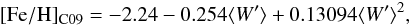 \begin{eqnarray} \label{eq:Fe_W_2RC09} \mathrm{[Fe/H]_{C09}}= -2.24 -0.254\rEW +0.13094 \rEW^2 , \end{eqnarray}