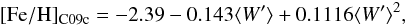 \begin{eqnarray} \label{eq:Fe_W_2RC09c} \mathrm{[Fe/H]_{C09c}}=-2.39-0.143\rEW +0.1116\rEW^2 , \end{eqnarray}
