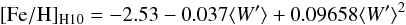 \begin{eqnarray} \label{eq:Fe_W_2RH10} \mathrm{[Fe/H]_{H10}}=-2.53 -0.037\rEW +0.09658 \rEW^2 \end{eqnarray}