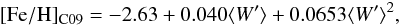 \begin{eqnarray} \label{eq:Fe_W_2SC09} \mathrm{[Fe/H]_{C09}}= -2.63+0.040\rEW +0.0653\rEW^2, \end{eqnarray}
