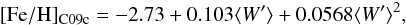 \begin{eqnarray} \label{eq:Fe_W_2SC09c} \mathrm{[Fe/H]_{C09c}}=-2.73+0.103\rEW +0.0568 \rEW^2, \end{eqnarray}