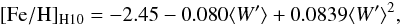 \begin{eqnarray} \label{eq:Fe_W_2SH10} \mathrm{[Fe/H]_{H10}}=-2.45 -0.080\rEW +0.0839 \rEW^2, \end{eqnarray}