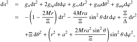 \begin{eqnarray} \mathrm{d}s^2 &=& g_{tt} \mathrm{d}t^{2} + 2g_{t\varphi}\mathrm{d}t\mathrm{d}\varphi + g_{rr}\mathrm{d}r^2 + g_{\theta\theta}\mathrm{d}\theta^{2} + g_{\varphi\varphi}\rm{d}\varphi^2\nn \\ &=& -\left(1-\frac{2 M r}{\Xi}\right) \,\mathrm{d}t^2 - \frac{4 M r a }{\Xi} \sin^2\theta\,\mathrm{d}t\, \mathrm{d}\varphi + \frac{\Xi}{\Delta}\, \mathrm{d}r^2 \nn \\ \label{eq:kerr2}&& + \Xi \,\mathrm{d}\theta^2 + \left(r^2 + a^2 +\frac{2 M r a^2 \sin^2\theta}{\Xi}\right)\sin^2\theta\, \mathrm{d}\varphi^2, \index{Kerr metric} \end{eqnarray}