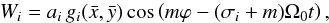 \begin{equation} W_i = a_i\,g_i(\xb,\yb)\,\mathrm{cos}\left(m\varphi -(\sigma_i + m)\Omega_0 t\right), \end{equation}