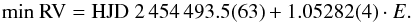 \begin{equation} {\rm min~ RV} = {\rm HJD}~ 2\,454\,493.5(63) + 1.05282(4) \cdot E. \end{equation}