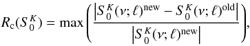 \begin{eqnarray} R_{\rm c}(S^K_0) = \max{ \left( \frac{ \left| S^K_0(\nu;\ell)^{\rm new} - S^K_0(\nu;\ell)^{\rm old} \right| }{ \left| S^K_0(\nu;\ell)^{\rm new} \right| } \right) } , \label{Eq:conv} \end{eqnarray}