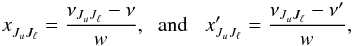 \appendix \setcounter{section}{1} \begin{eqnarray} x^{}_{J_u J_{\ell}} = \frac{\nu_{J_u J_{\ell}} - \nu}{w} , \;\; {\rm and} \;\;\; x^{\prime}_{J_u J_{\ell}} = \frac{\nu_{J_u J_{\ell}} - \nu^{\prime}}{w} , \end{eqnarray}