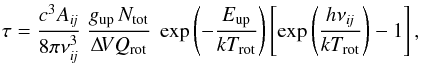 \appendix \setcounter{section}{1} \begin{equation} \label{Equation:Line-Opacity} \tau = \frac{c^3 A_{i\!j}}{8 \pi \nu_{i\!j}^3} \ \frac{g_\mathrm{up}\, N_\mathrm{tot}}{\Delta\!V Q_\mathrm{rot}} \ \exp \left( -\frac{E_\mathrm{up}}{kT_\mathrm{rot}} \right) \left[ \exp \left( \frac{h \nu_{i\!j}}{kT_\mathrm{rot}} \right) - 1 \right], \end{equation}