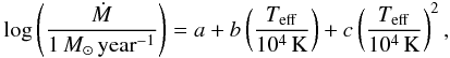 Mathematical equation: \begin{eqnarray} \label{metuje} \log\zav{\frac{\dot M}{1\,{M}_\odot\,\text{year}^{-1}}}=a+ b\zav{\frac{\Teff}{10^4\,\text{K}}}+c\zav{\frac{\Teff}{10^4\,\text{K}}}^2, \end{eqnarray}