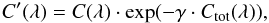 \begin{equation} C' (\lambda) = C (\lambda) \cdot \exp(- \gamma \cdot C_{\rm tot}(\lambda)), \end{equation}
