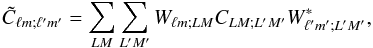 \begin{equation} \tilde{C}_{\ell m; \ell' m'} = \sum_{L M}\sum_{L'M'} W_{\ell m; LM} C_{LM;L'M'} W^{*}_{\ell' m';L'M'}, \label{eq:skyrel} \end{equation}