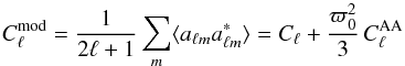 \appendix \setcounter{section}{1} \begin{equation} C^{\mathrm{mod}}_\ell = \frac{1}{2\ell+1}\sum_{m} \langle a_{\ell m} a^*_{\ell m} \rangle = C_{\ell} + \frac{\varpi^2_0}{3}\,C^{\mathrm{AA}}_{\ell} \end{equation}